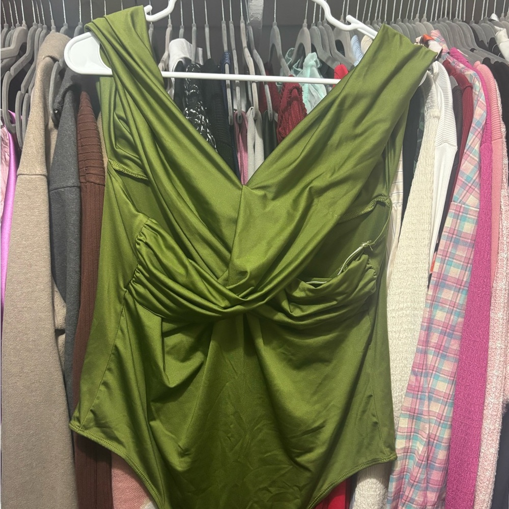 Cider Green Ruched Asymmetrical Bodysuit